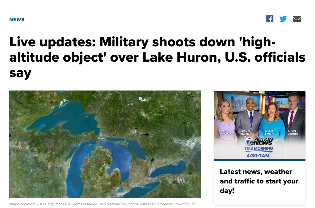 FAA Closes Airspace Over Lake Michigan; US Military Shoots Down Unidentified Object