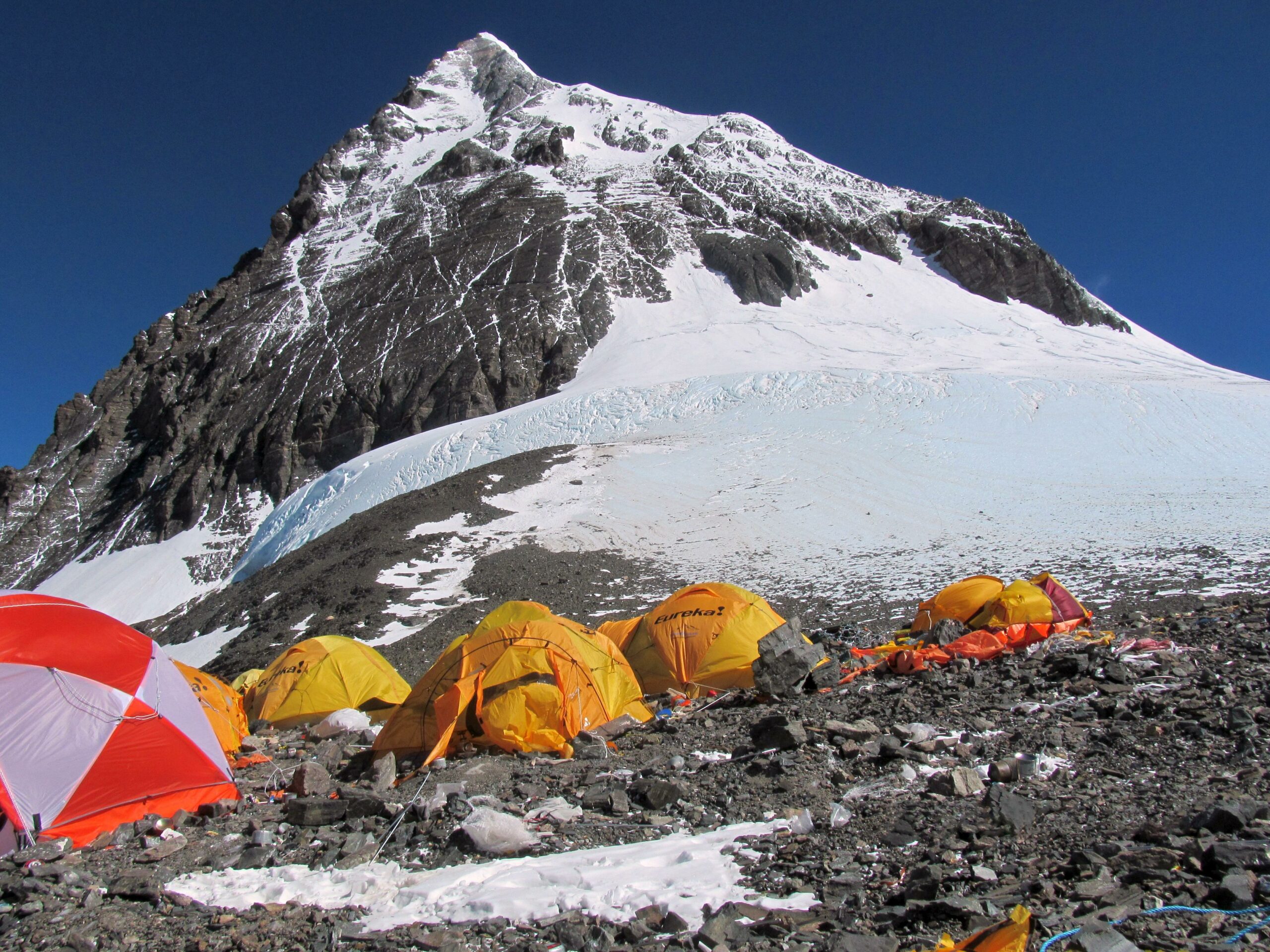 a group of tents pitched in the snow - File:Summit camp Everest.jpg