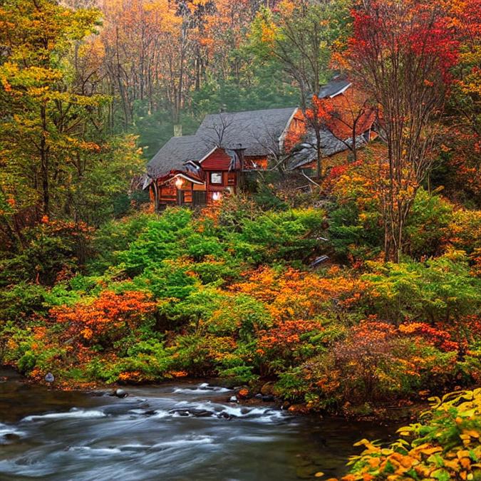 A cozy autumn scene featuring a cottage in the woods