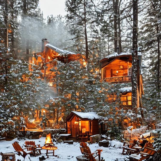 A cozy cabin in the woods surrounded by tall trees