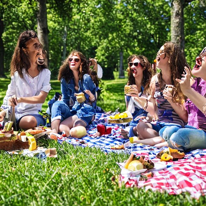 A group of friends having a picnic in a beautiful park on a sunny day