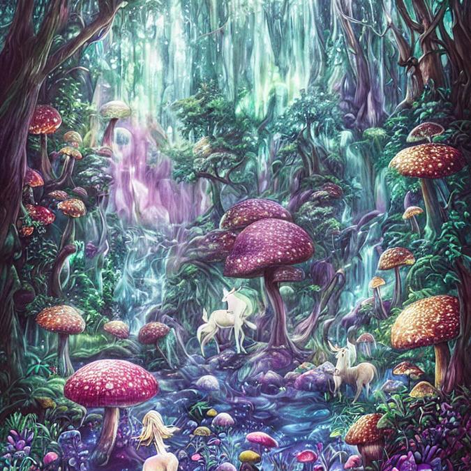 A magical forest with a unicorn