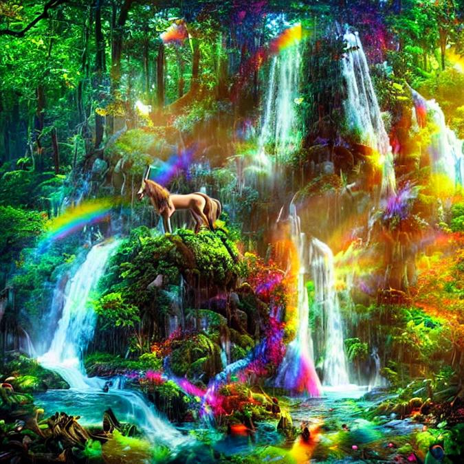 A magical forest with a waterfall