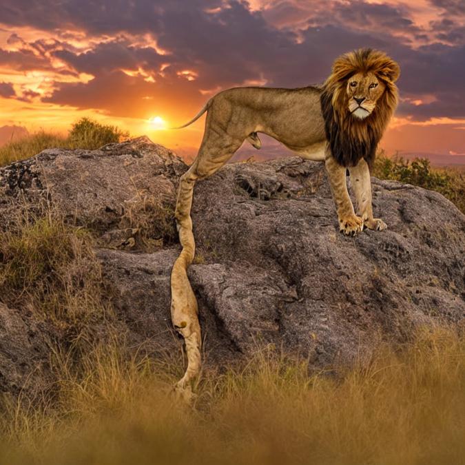A majestic lion standing on a rocky outcrop overlooking a vast savannah