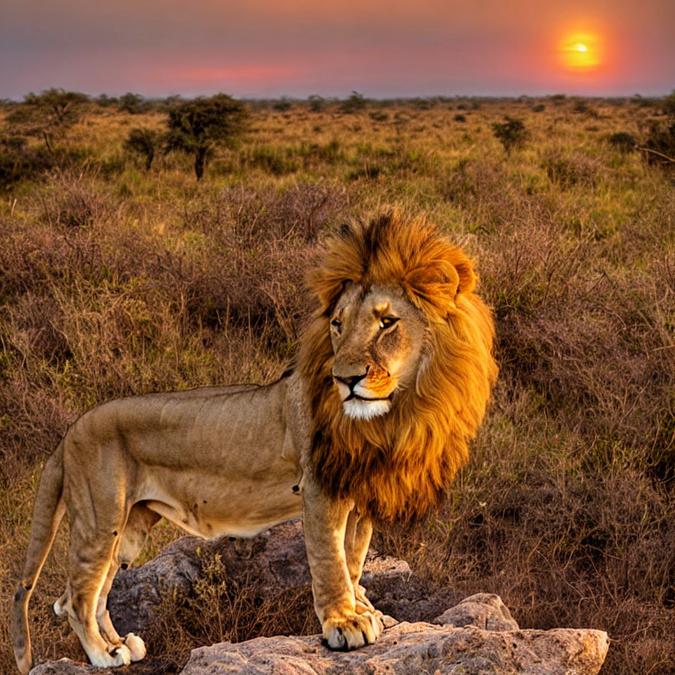 A majestic lion standing proudly on a rocky outcrop overlooking a vast savannah