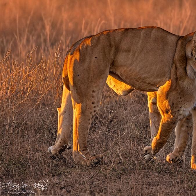 A majestic lioness in a savannah sunset