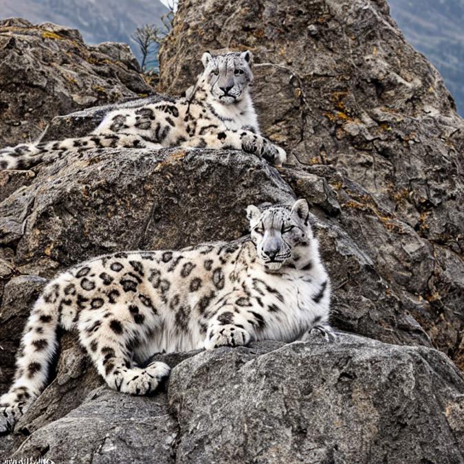 A majestic snow leopard resting on a rocky outcrop