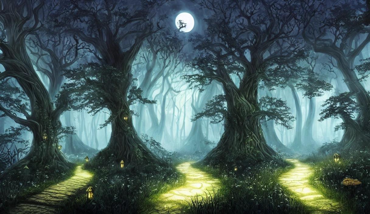 A mystical forest at night