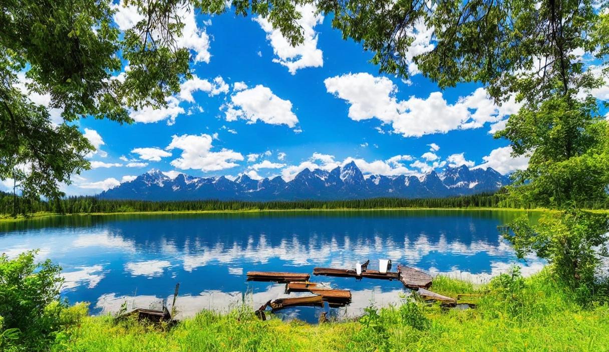 A serene and peaceful landscape featuring a majestic mountain range in the background