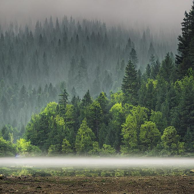 A serene landscape featuring a misty forest
