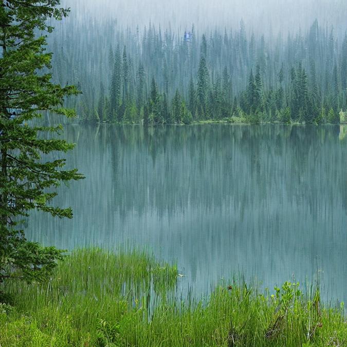 A serene landscape featuring a peaceful lake