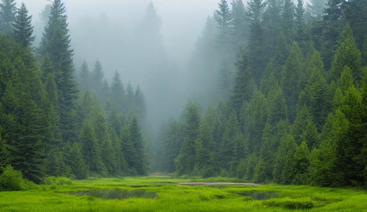 A serene landscape of a misty forest