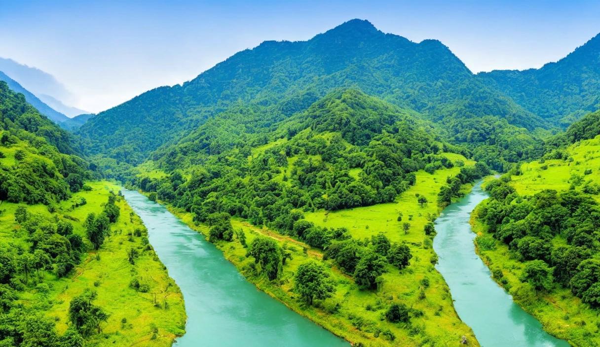 A serene landscape of a mountainous valley with a tranquil river flowing through it