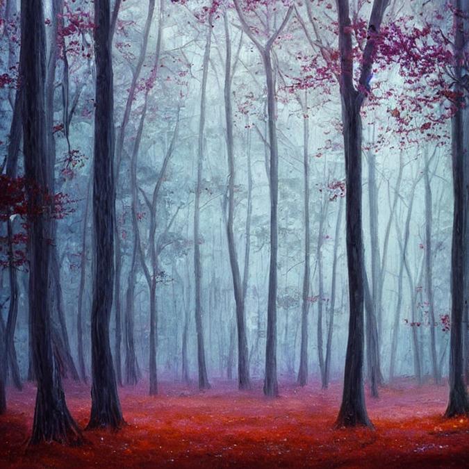 A serene landscape painting of a misty forest