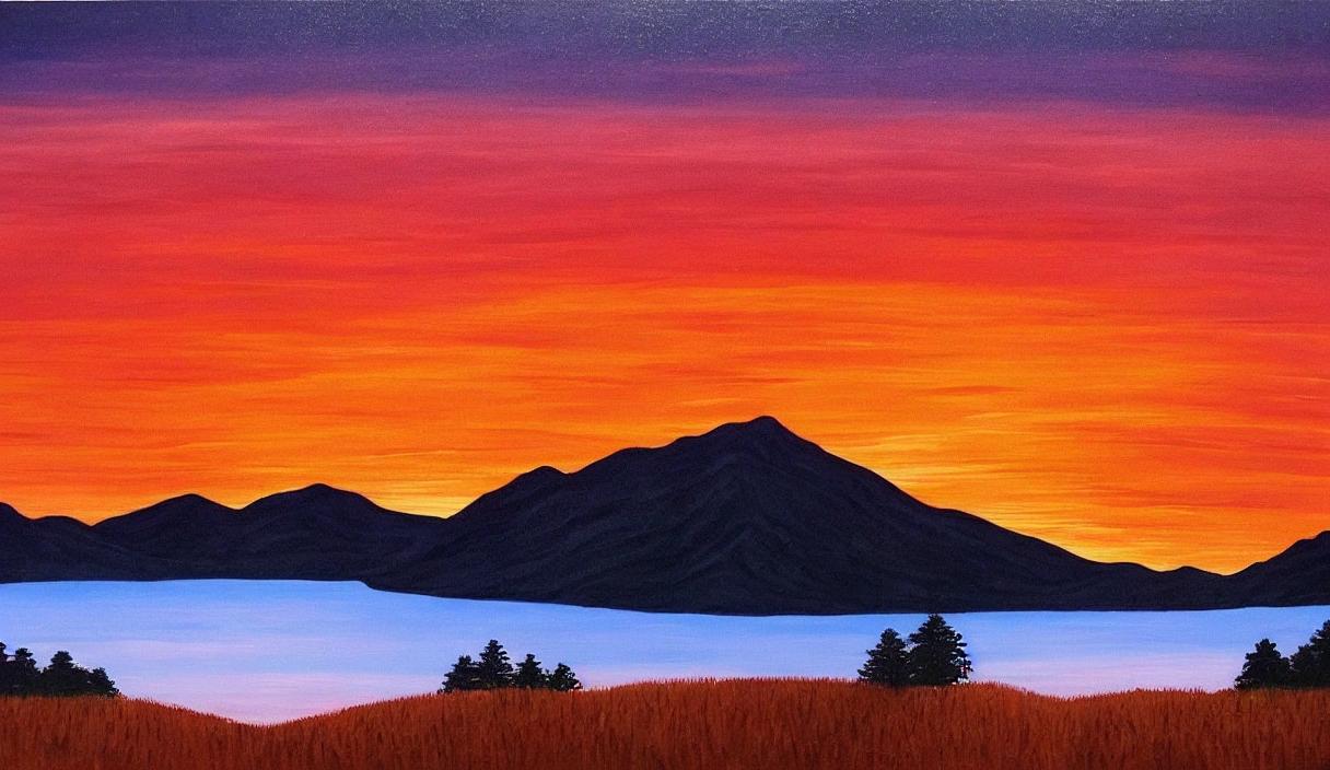A serene landscape painting of a mountain range at sunset