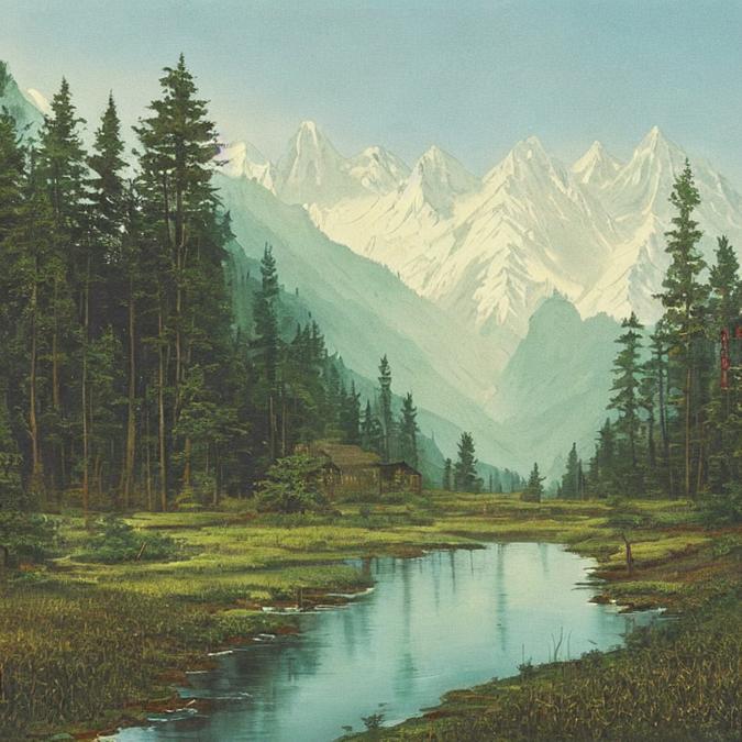 A serene landscape painting with a misty mountain range in the background