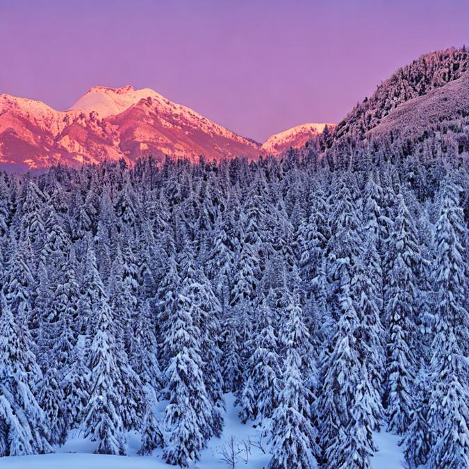 A stunning landscape of a snow-covered mountain peak at sunset