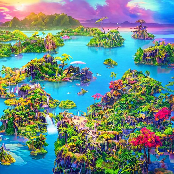 A surreal landscape of a floating island paradise