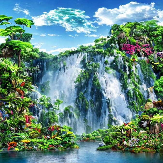 A surreal landscape of a floating island with a waterfall cascading down into a river