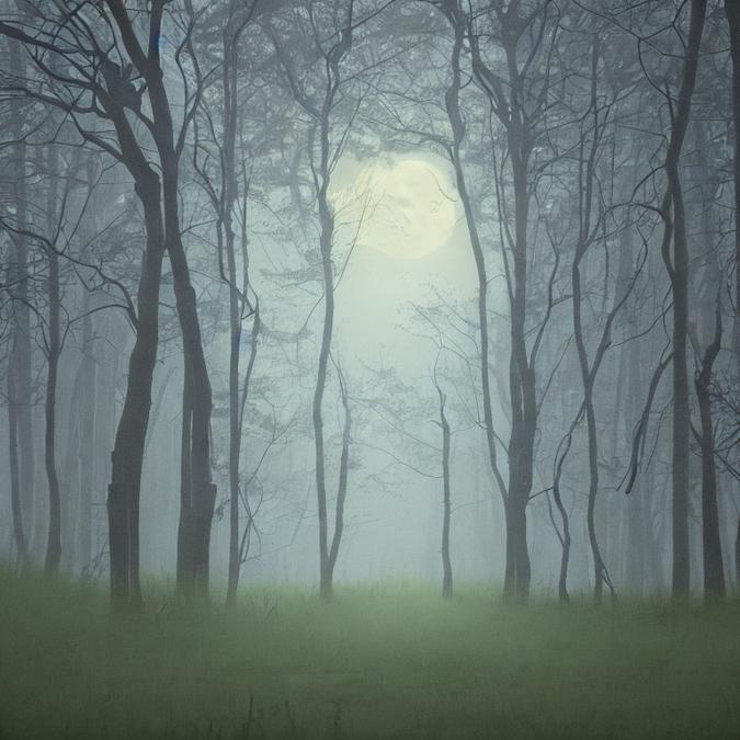 A surrealistic and dreamy landscape of a misty forest