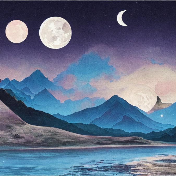 A surrealistic landscape with a giant moon
