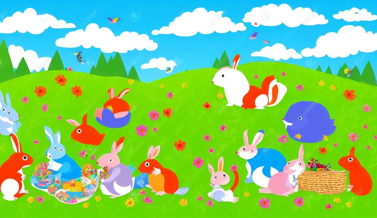 A whimsical and colorful illustration of a group of animals having a picnic in a meadow